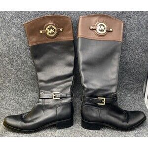 Michael Kors Two-Tone Leather Riding Boots Black Brown Gold MK Logo Size 8.5M